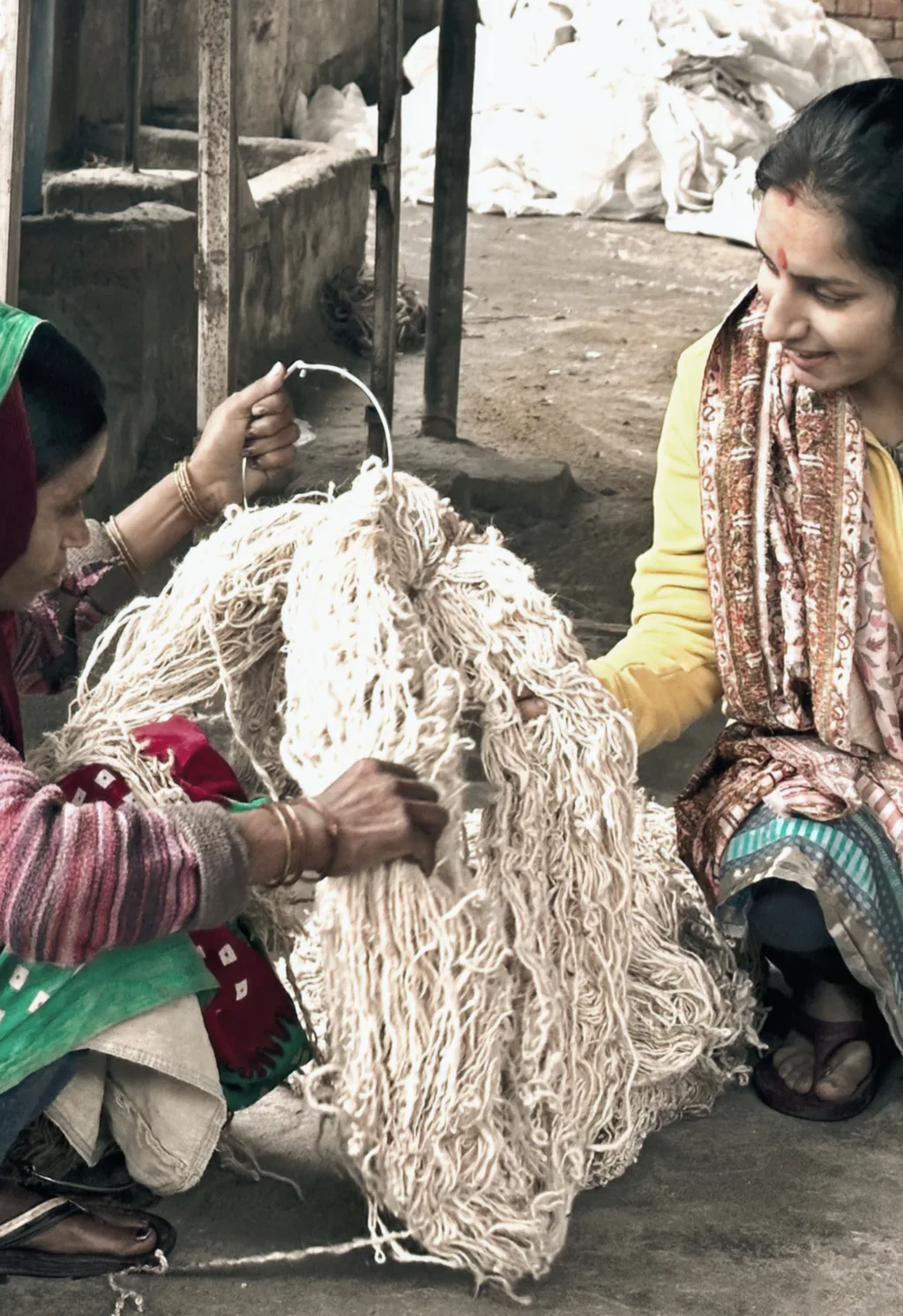 Hand-woven wool rug close-up — Bhadohi workshop